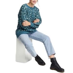 Farm Rio Blue Sweater Small Leopard print knit sweater